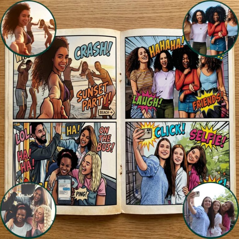 Friend group comic book open to beach party and selfie panels labeled “Sunset Party” and “Selfie!”