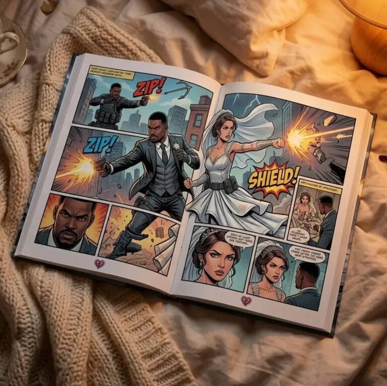 Bride and groom action-hero comic panels with "SHIELD!" and "ZIP!" sound effects