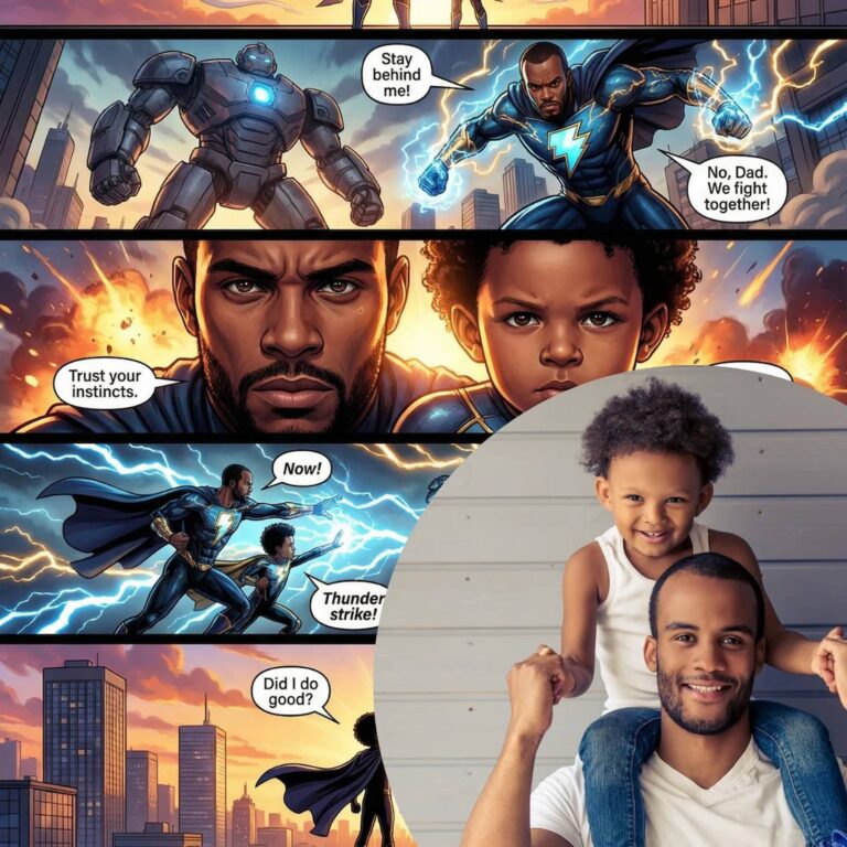 Father-son superhero comic, panel captioned “No, Dad. We fight together!” and “Thunder Strike!”