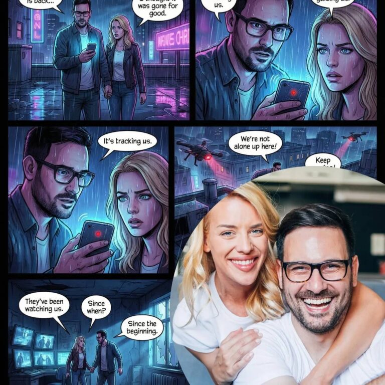Couple detective comic book, rainy city panels captioned “They’ve been watching us. Since the beginning.”