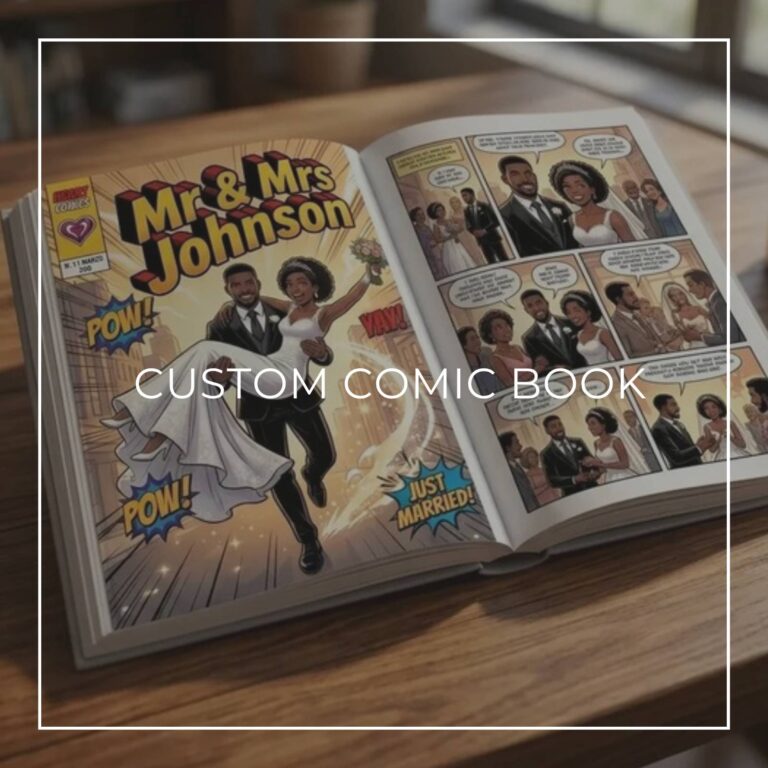 Custom comic book cover ‘Mr & Mrs Johnson’ with an illustrated wedding scene, POW! Just Married!