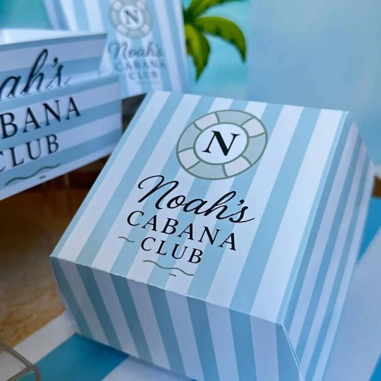 Blue and white striped “Noah’s Cabana Club” custom fast food box