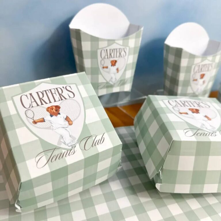 Green gingham “Carter’s Tennis Club” custom fry and burger boxes