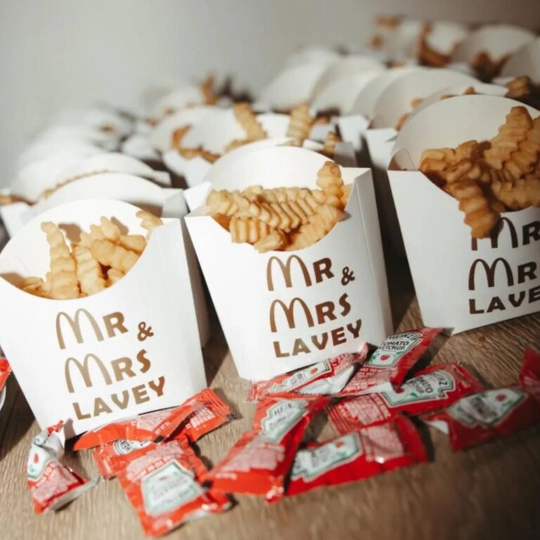 “Mr & Mrs Lavey” wedding fry boxes filled with fries and ketchup packets