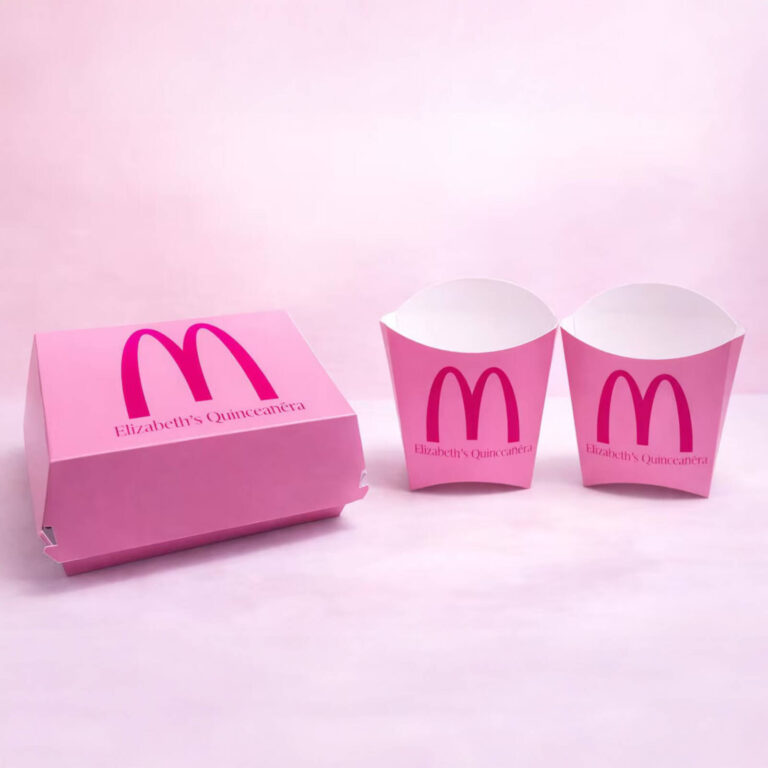 Pink “Elizabeth’s Quinceañera” custom burger box and fry boxes