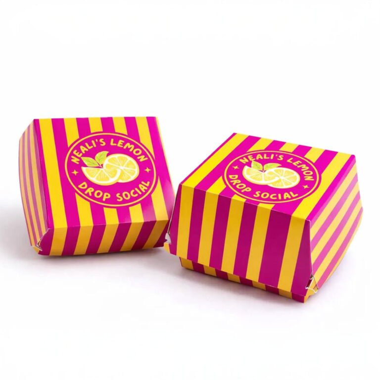 Pink and yellow striped “Neali’s Lemon Drop Social” custom burger boxes