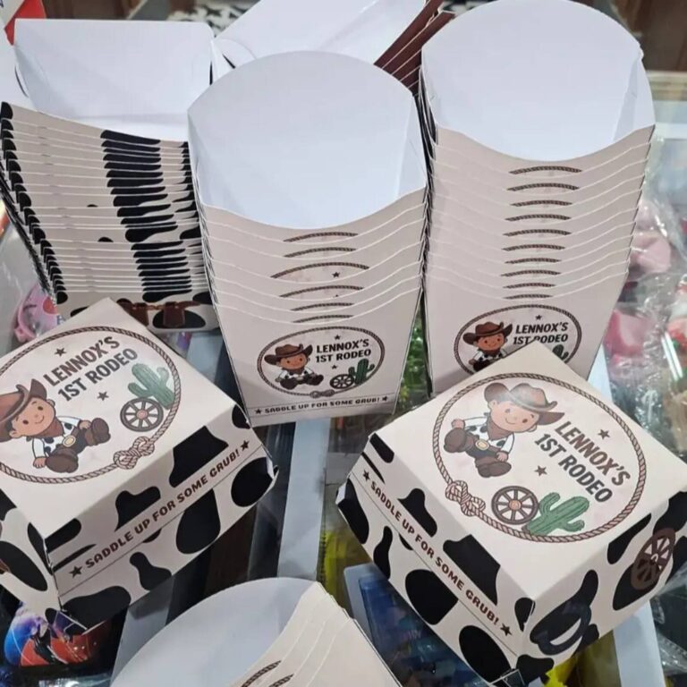 “Lennox’s 1st Rodeo” cowboy-themed cow-print fry and burger boxes