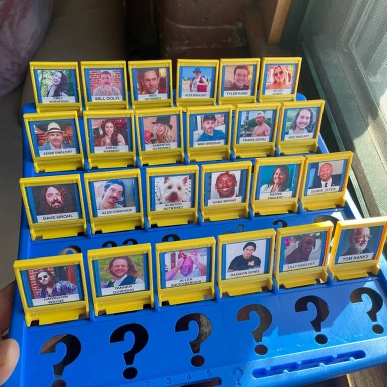 Custom Guess Who board mixing family members named Englert with celebrities like Dave Grohl and Tom Hanks