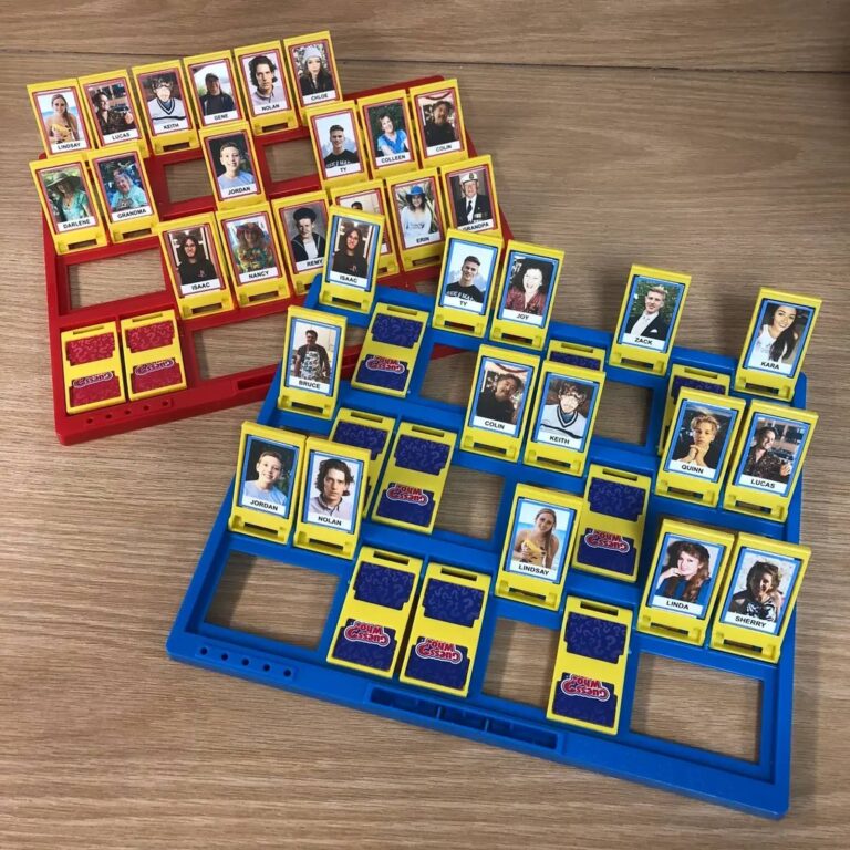 Two custom Guess Who boards side by side showing overlapping family names like Isaac and Lindsay