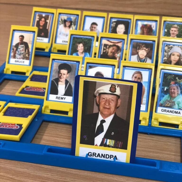 Close-up of custom Guess Who card showing Grandpa in navy uniform with medals