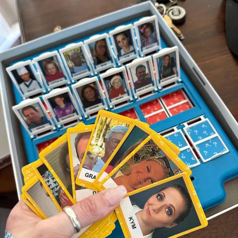 Custom Guess Who tray with names Mom, Mama, and Uncle Buck, cards fanned in hand