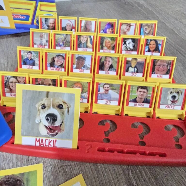 Custom Guess Who card of dog Mackie pulled forward from family and pet name tiles