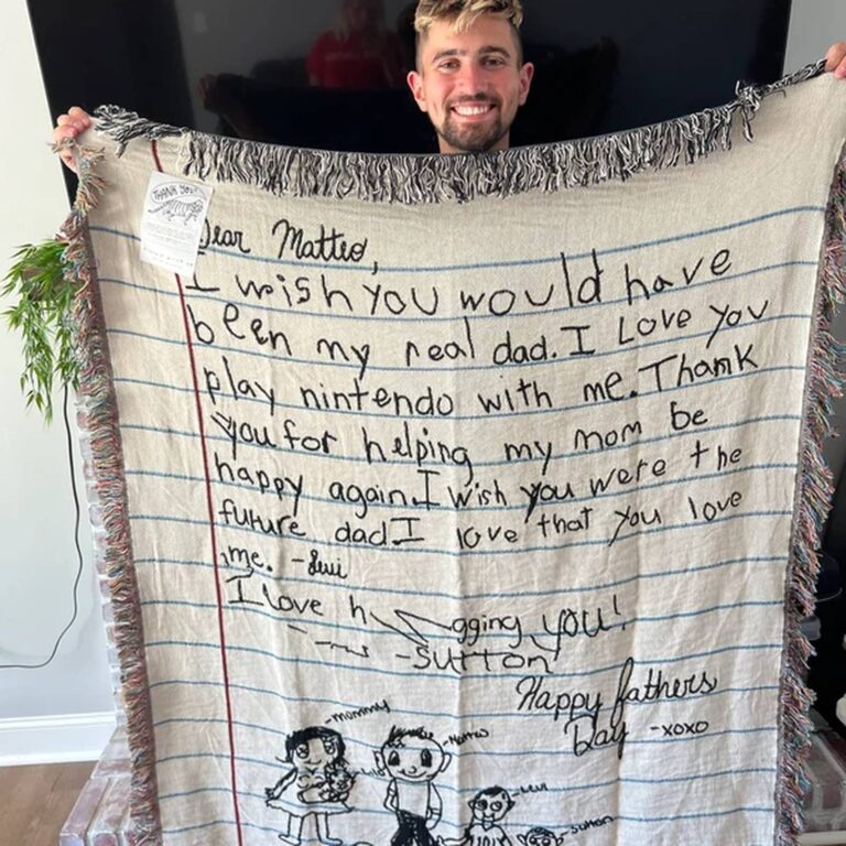 Blanket with a child’s letter to ‘Dear Mattie’ about wishing he were their dad, signed Sutton