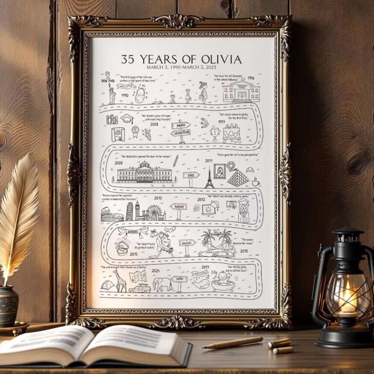 Custom Life Map print, ‘35 Years of Olivia’, in an ornate gold frame on wood