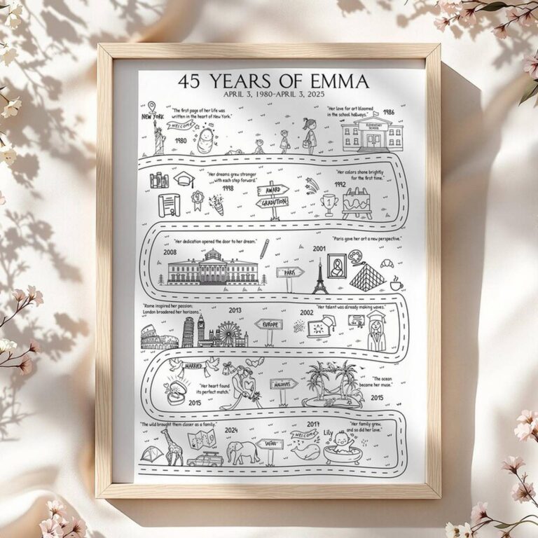 Custom Life Map print, ‘45 Years of Emma’, in a light wood frame with blossoms