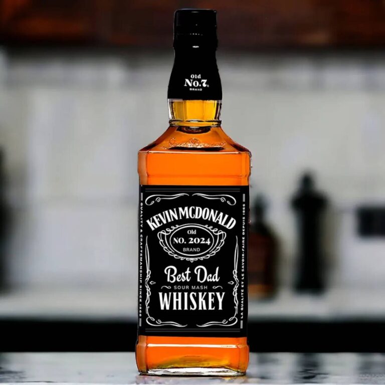 Jack Daniel’s style bottle with a custom "Kevin McDonald, Best Dad, Sour Mash Whiskey" label