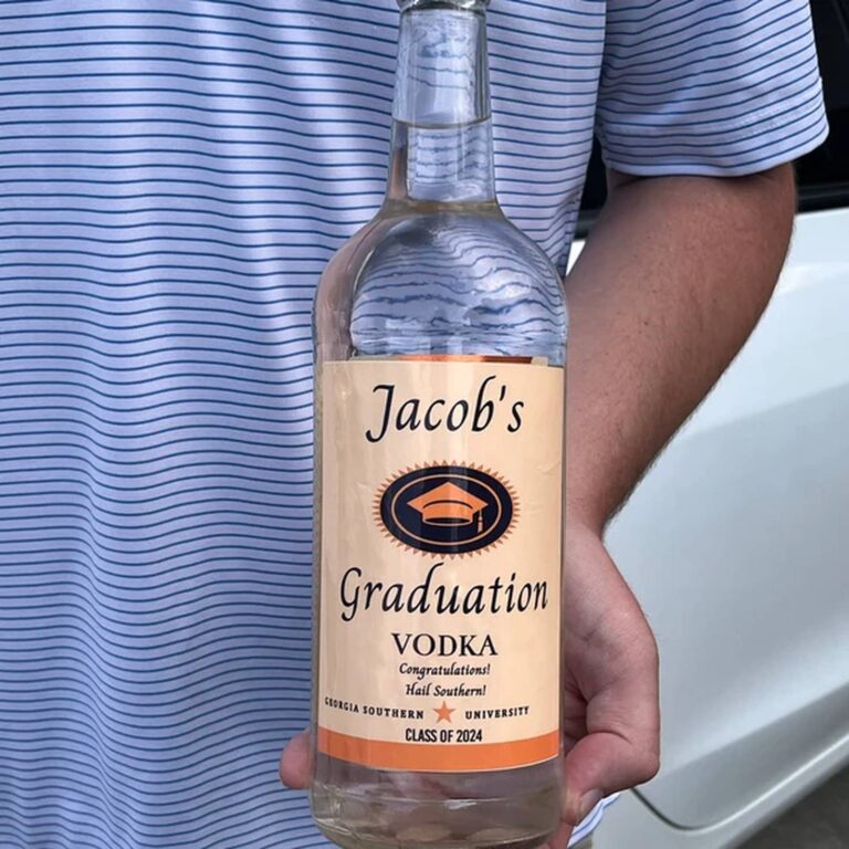 Person holding a vodka bottle with a "Jacob’s Graduation Vodka, Georgia Southern University, Class of 2024" label