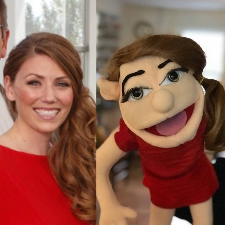 Side-by-side comparison of a red-haired woman in red and her custom puppet with matching pigtails and red dress