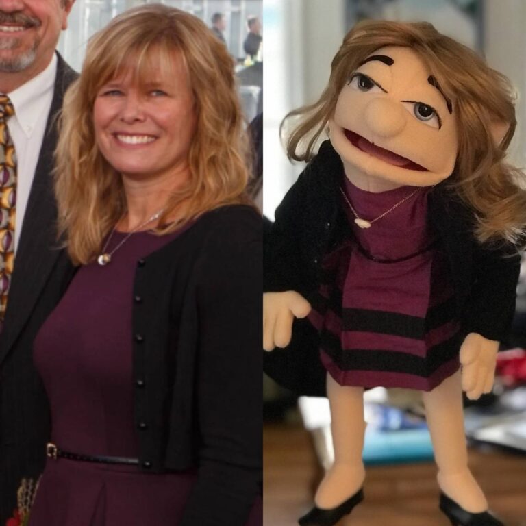 Side-by-side comparison of a woman in a purple dress and black cardigan and her matching custom puppet