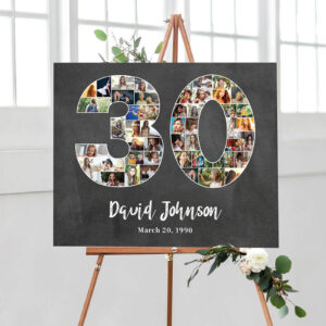 custom number 30 photo collage sign on an easel