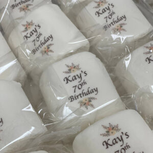 personalized marshmallows with custom text for a 70th birthday party