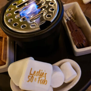 personalized s'mores kits with custom text on the marshmallows for a 50th birthday party