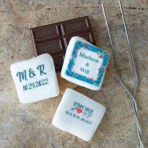 personalized s'mores kits with custom text on the marshmallows for a wedding or anniversary party