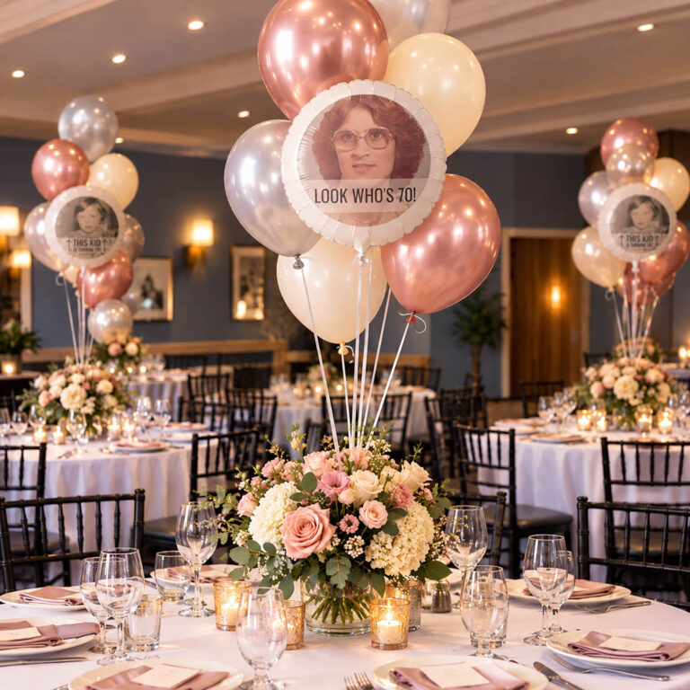 70th birthday party tables with custom photo helium balloons fixed to the floral centerpiece
