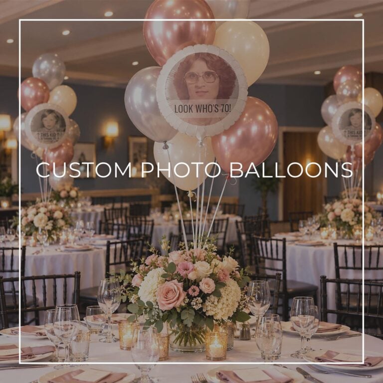 70th birthday party tables with custom photo helium balloons fixed to the floral centerpiece