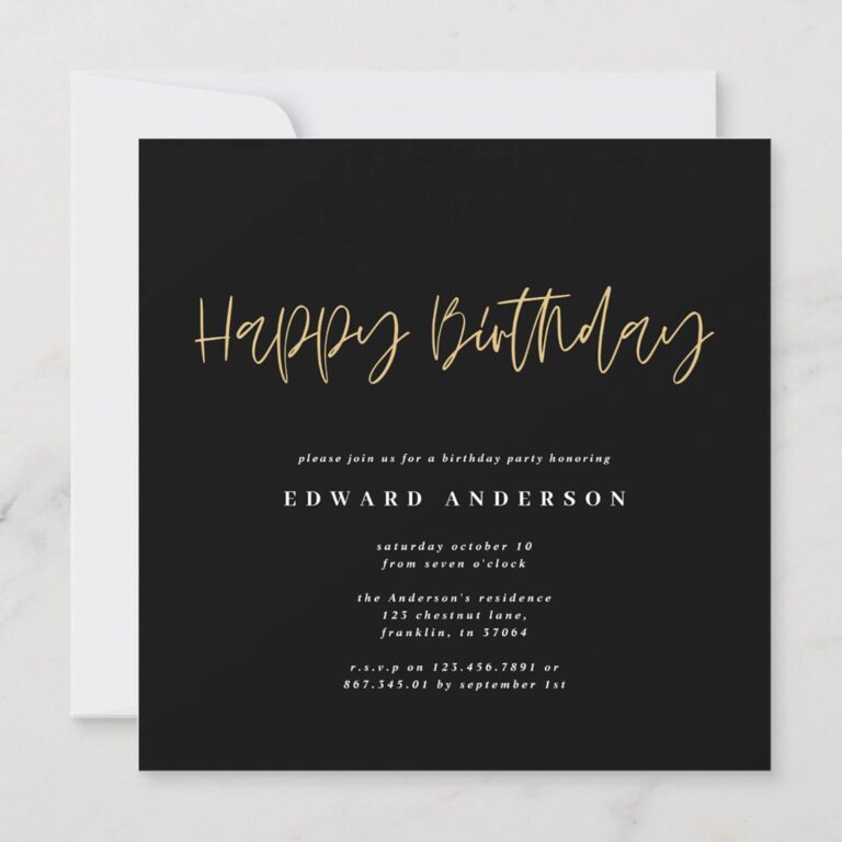 Plain black and gold text-only Happy Birthday invitation with party details