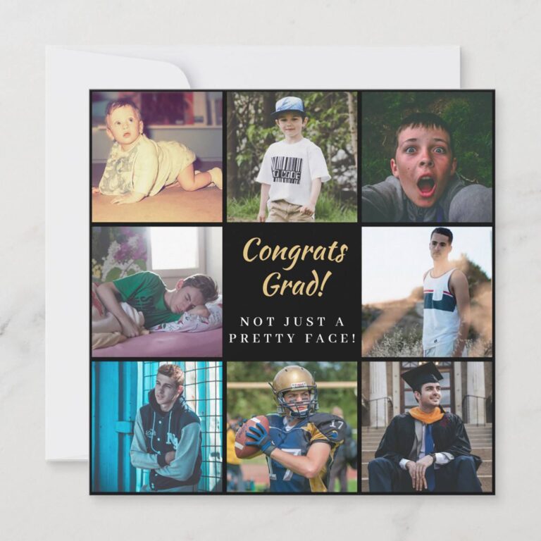 Graduation photo collage grid invitation reading Congrats Grad, Not Just a Pretty Face