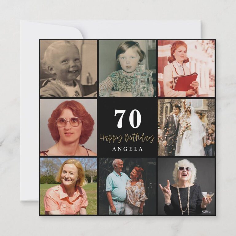 70th birthday photo collage grid invitation reading Happy Birthday Angela