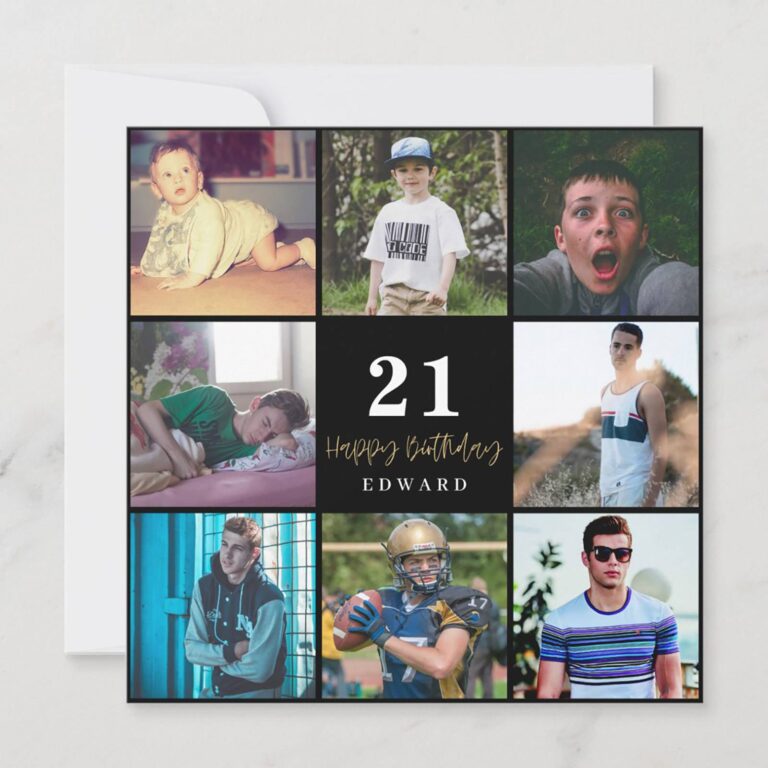 21st birthday photo collage grid invitation reading Happy Birthday Edward