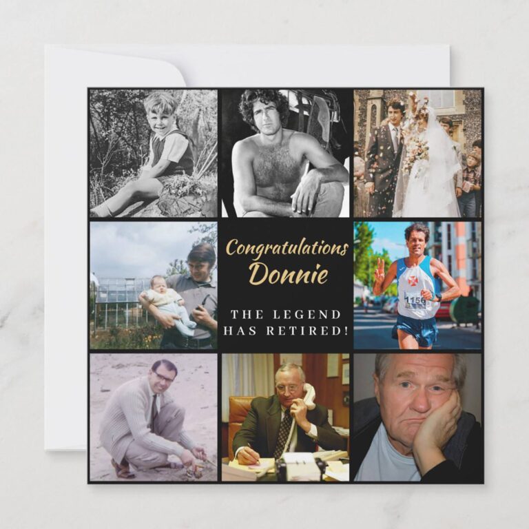 Retirement photo collage grid invitation reading Congratulations Donnie, the legend has retired