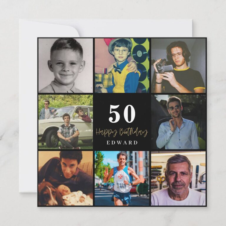 50th birthday photo collage grid invitation reading Happy Birthday Edward