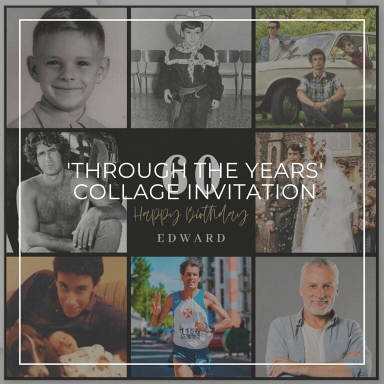 Custom photo collage birthday invitations showing the birthday boy/girl ‘Through the Years’