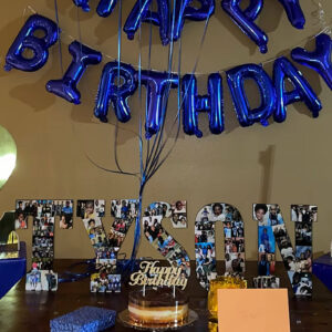 custom photo collage letters spelling the name TYSON used as birthday dessert table decorations