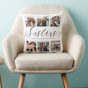 custom photo collage 'sisters' pillow cushion on chair