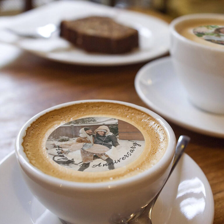 custom photo edible wafer party drinks topper with a photo of a couple floating on a cup of coffee