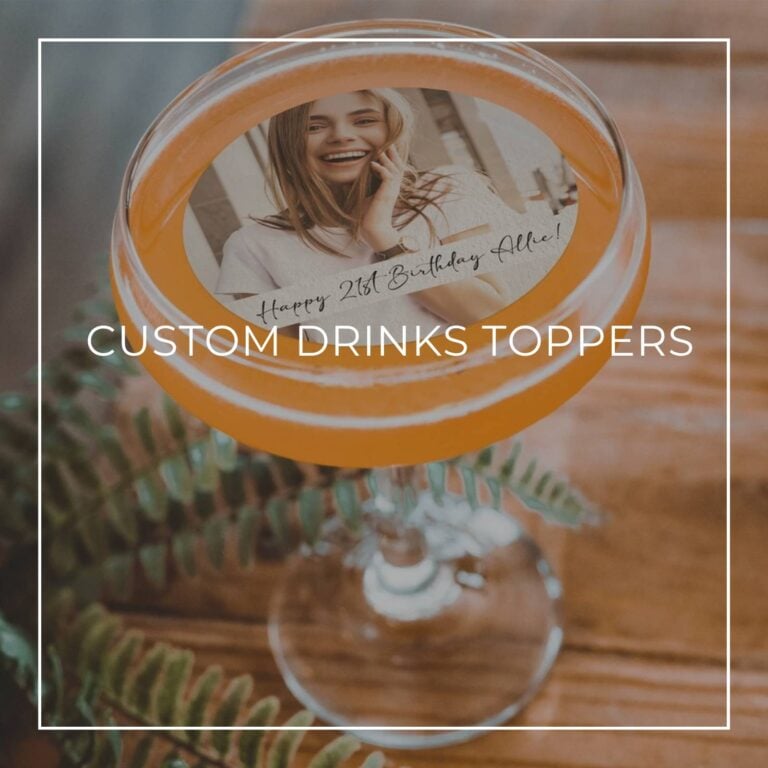 custom photo edible wafer drinks topper with a photo of the birthday girl floating on a cocktail