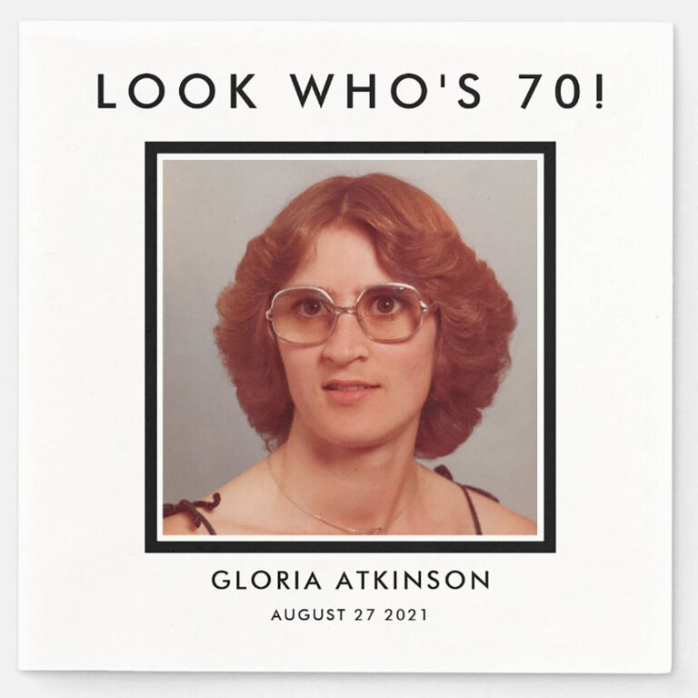 “Look Who’s 70!” custom photo birthday napkin with an old portrait of Gloria Atkinson