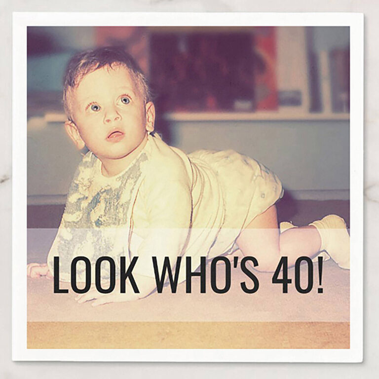 Vintage-style “Look Who’s 40!” napkin with a baby photo of the birthday boy crawling