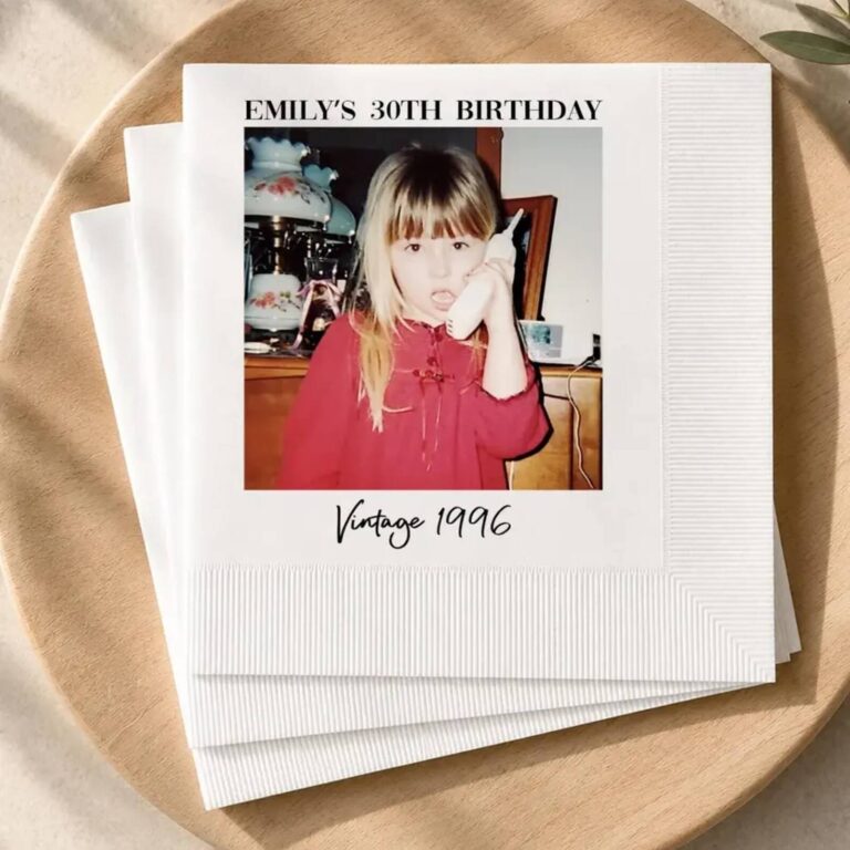 “Vintage 1995, Amelia’s 30th Birthday” custom photo napkin with a childhood photo of Amelia singing into a microphone