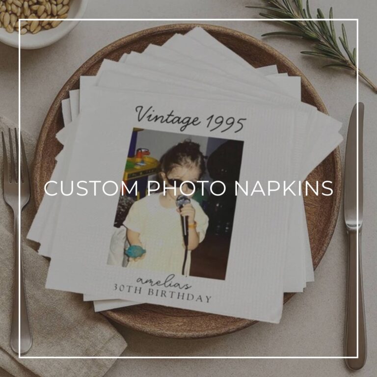 “Look Who’s 70!” custom photo birthday napkin with an old portrait of Gloria Atkinson