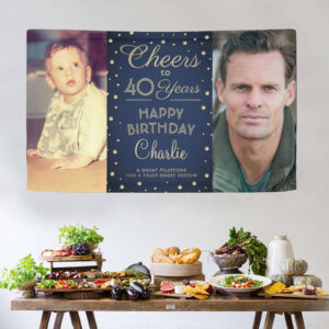 Cheers to 40 Years 'Then & Now' custom photo birthday banner with photo of 40 year old man now and as a baby