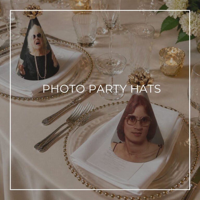 custom photo party hats on each place setting at a dinner table