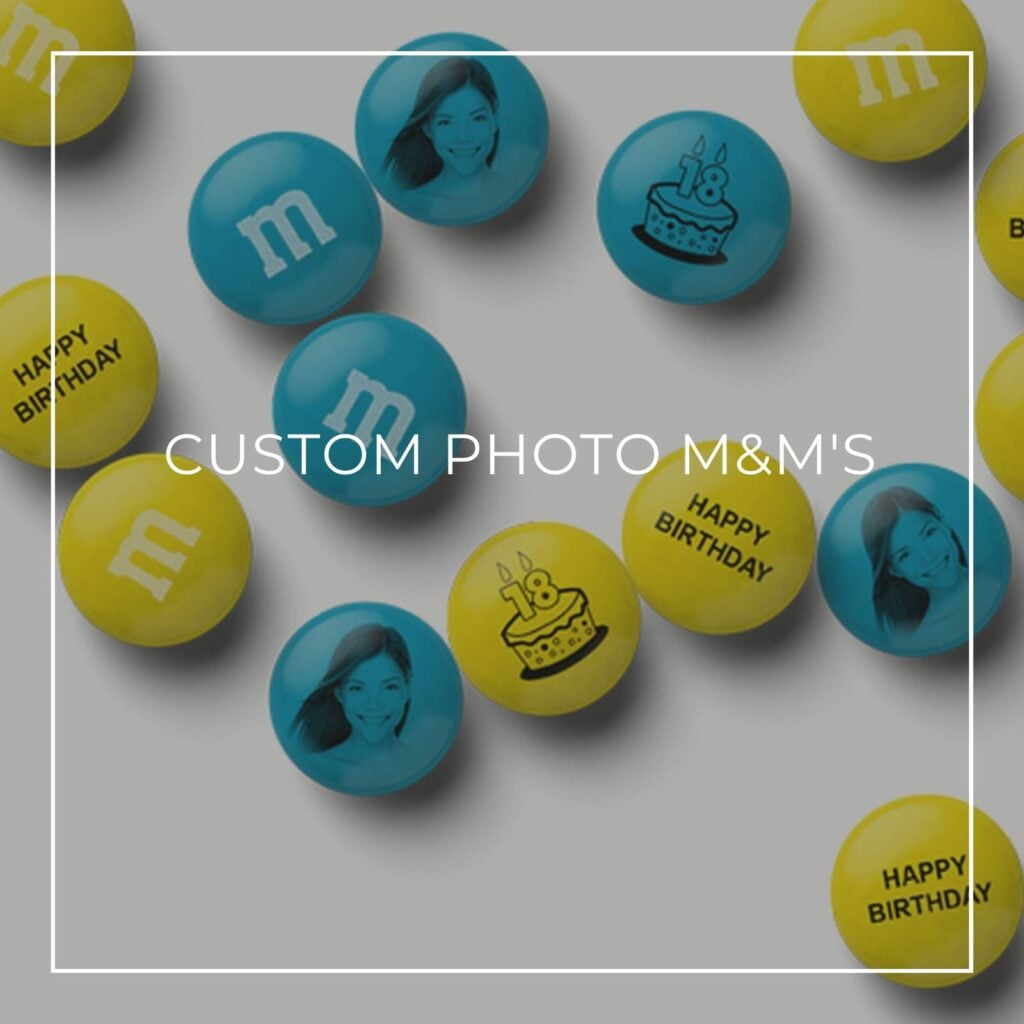 blue and yellow custom photo m&m's with a woman's face