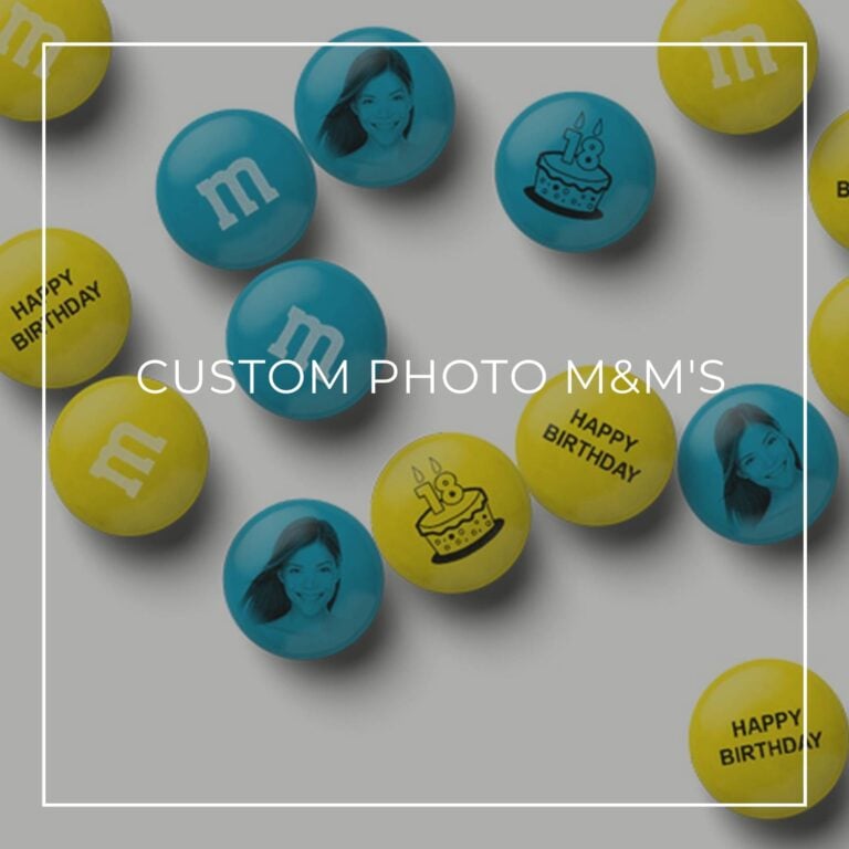 blue and yellow custom photo m&m's with a woman's face