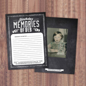custom photo share a memory cards for birthday party with old photo of birthday girl as a child