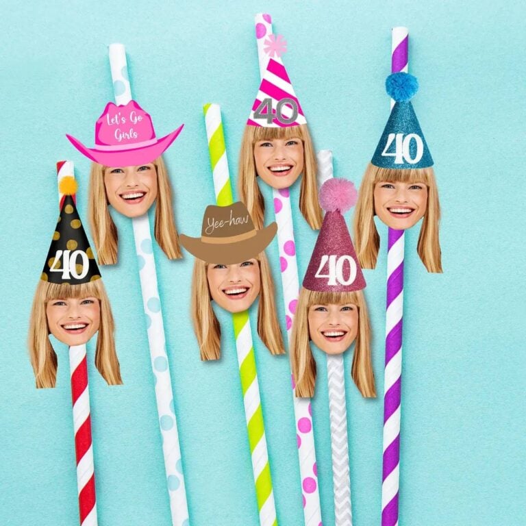 Six striped photo straws topped with the same woman’s face wearing different “40” party hats, including a pink cowboy hat and a brown “Yee-haw” hat